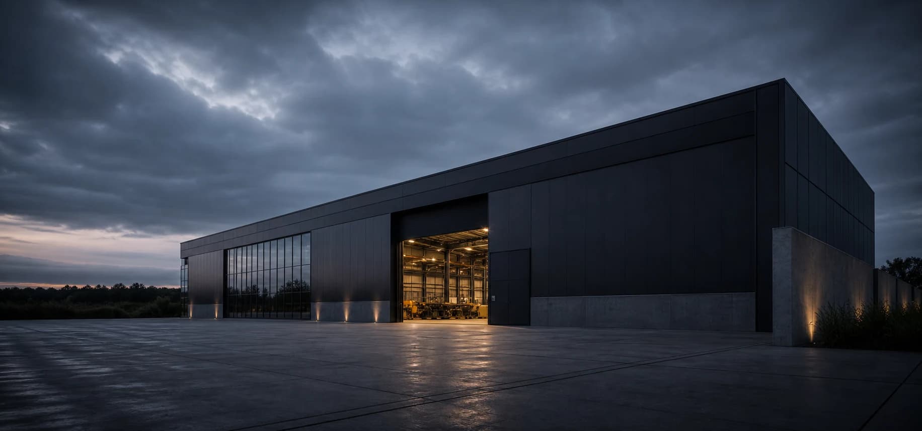 Wide quiet exterior of a dark industrial building with warm light.