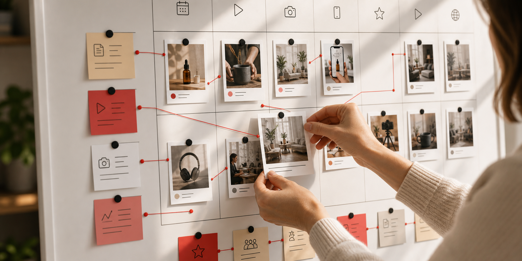 Content-Planungswand mit Fotos, Karten, roten Verbindungslinien und Wochenstruktur