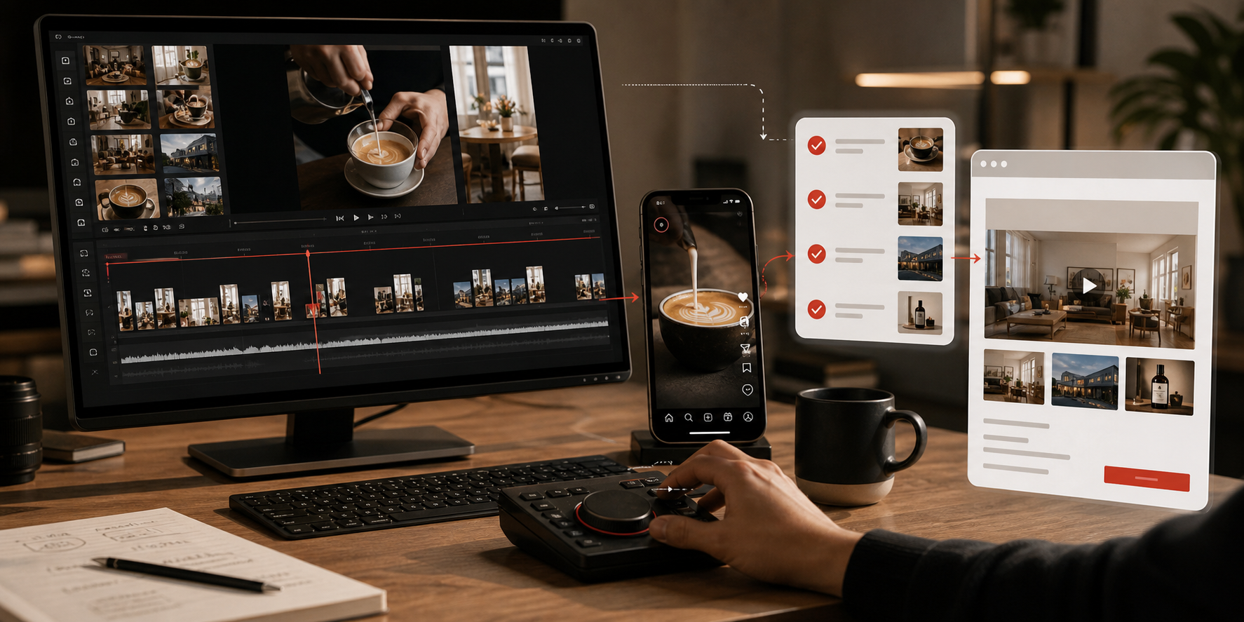 Schnittplatz mit Videotimeline, Reel-Vorschau und Website-Ausspielung für fertigen Content
