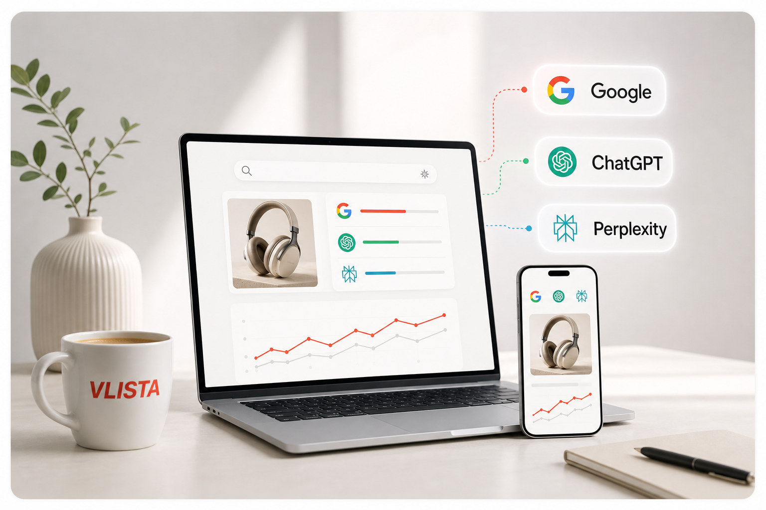 Minimalistischer Laptop-Arbeitsplatz mit VLISTA-Tasse und Sichtbarkeits-Dashboard fuer Website, Google und Social Media