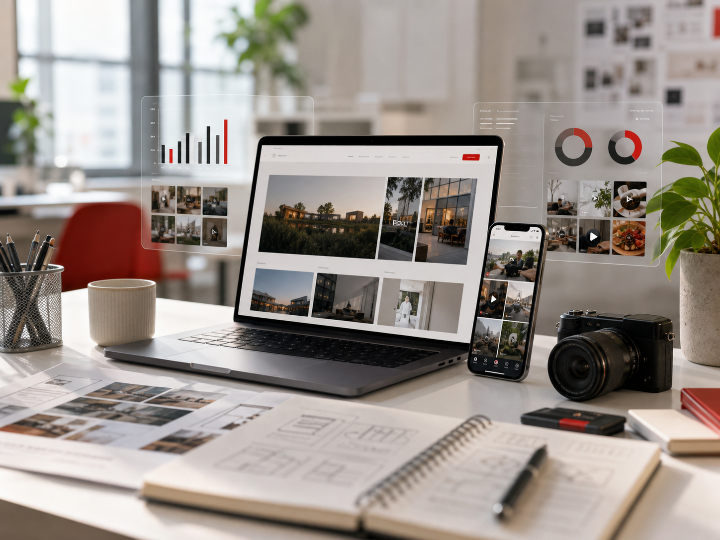Moderner Arbeitsplatz mit Laptop, Website-Layout, Social-Media-Vorschau, Kamera und Content-Planung