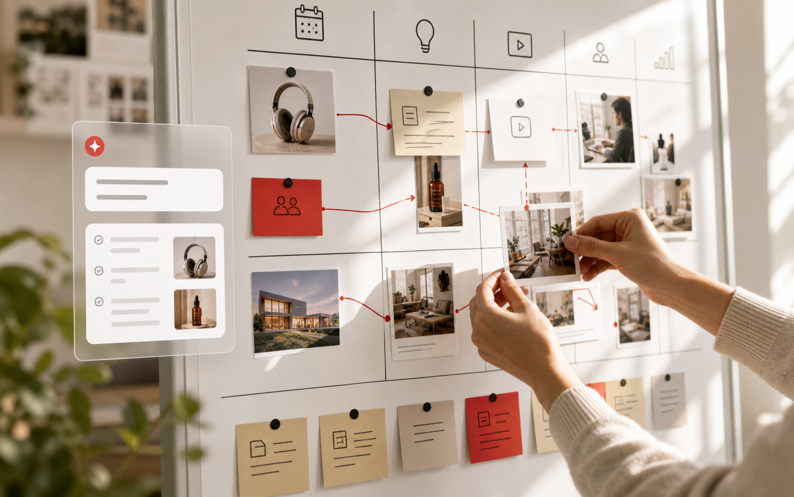 Hände planen Inhalte an einem Whiteboard mit Karten, Fotos und dezenter digitaler Assistenz