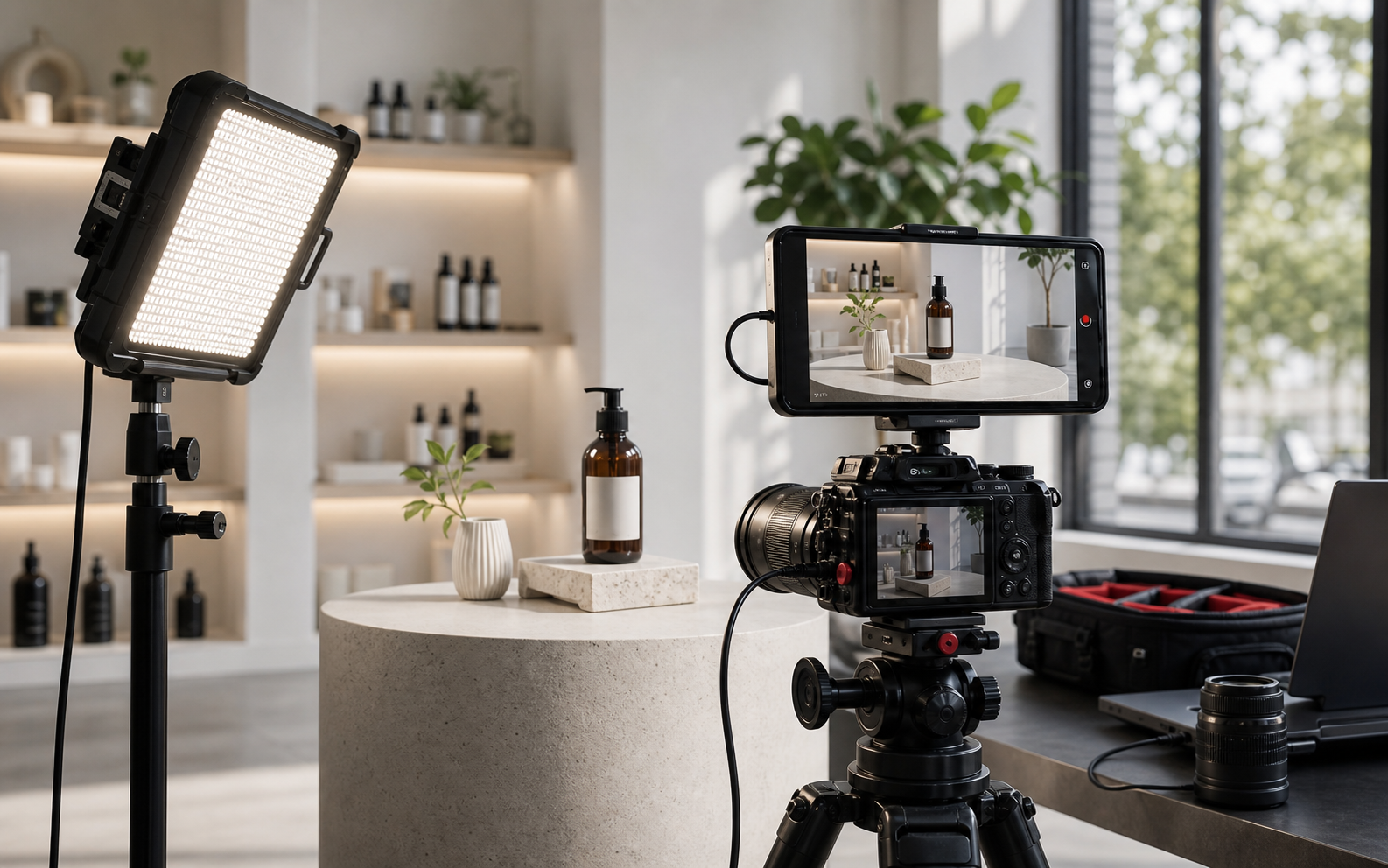 Professionelles Foto- und Video-Setup mit Kamera, Licht, Smartphone-Monitor und Produktaufnahme