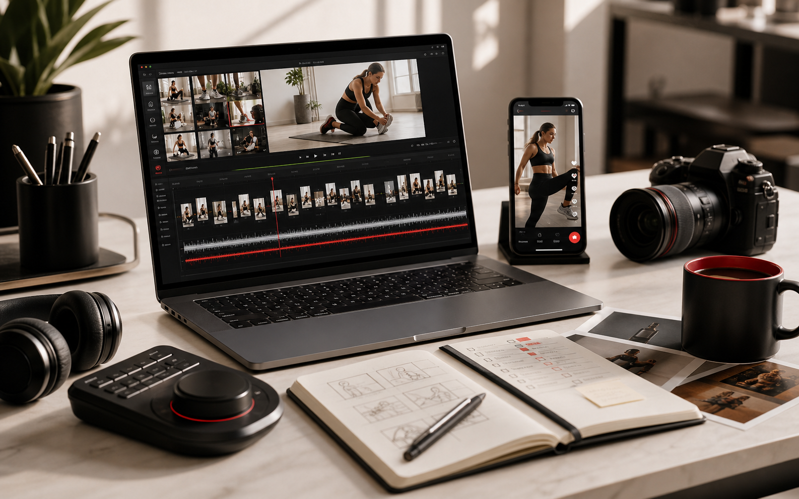 Moderner Schnittplatz mit Videotimeline, Smartphone-Reel-Vorschau, Kamera und Schnittnotizen