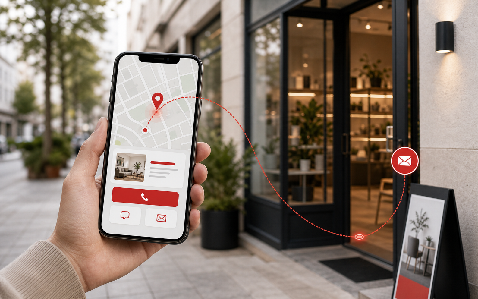 Smartphone mit lokaler Suche vor einem Geschäft und rotem Weg zur Kontaktaufnahme