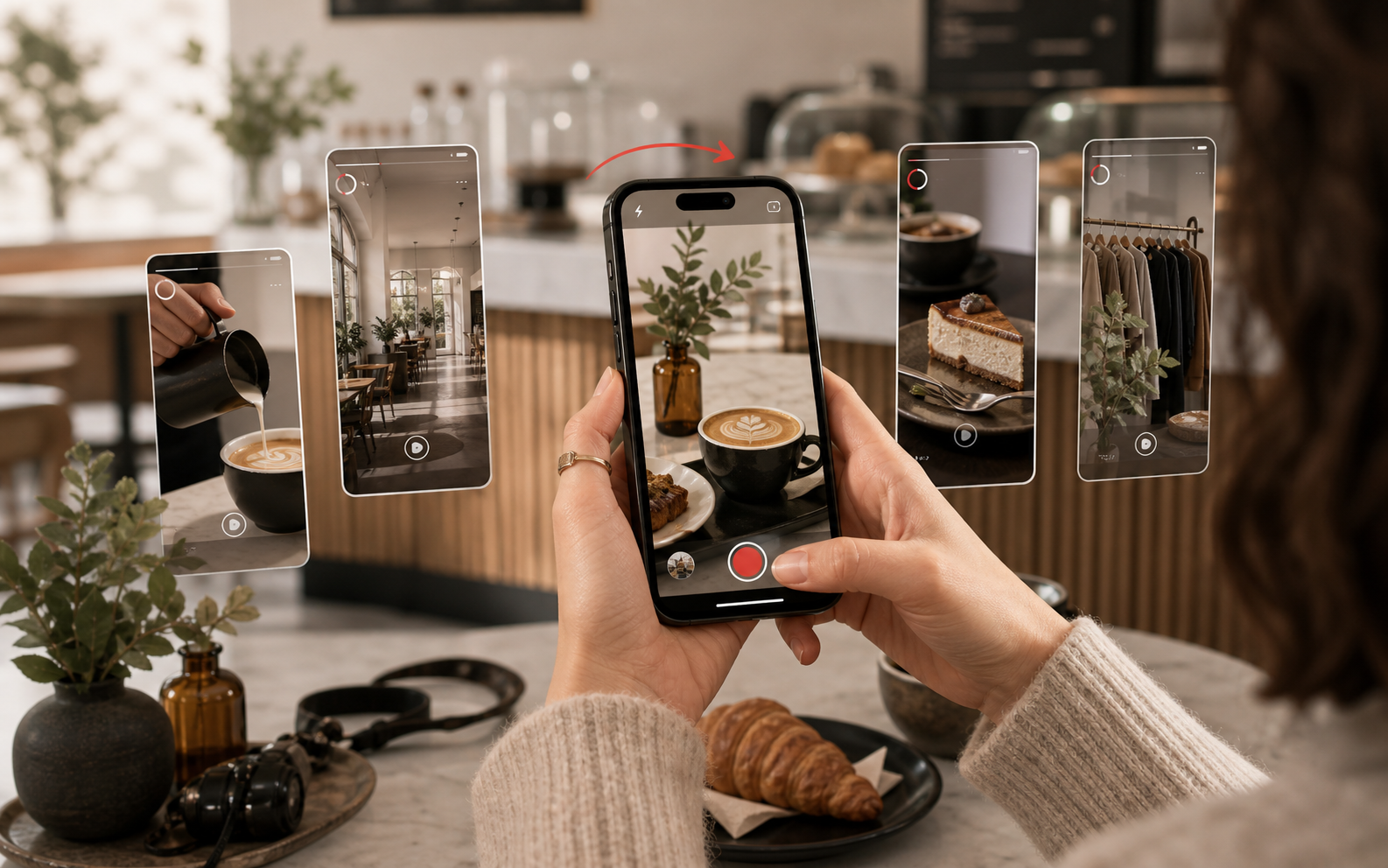 Smartphone filmt Social-Media-Content in einem lokalen Cafe mit vertikalen Reel-Vorschauen