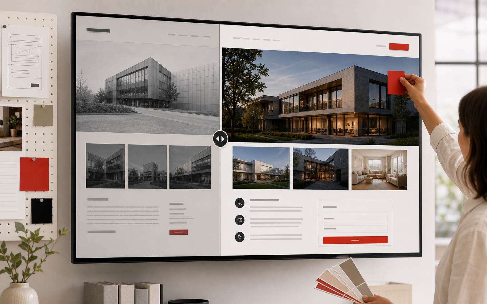Großer Bildschirm mit Vorher-Nachher-Vergleich einer modernisierten Website